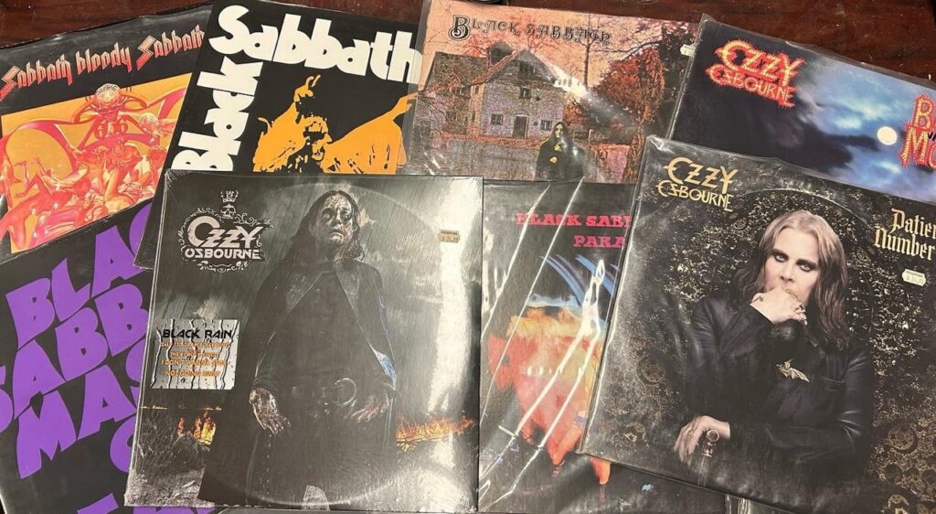 Collection of Black Sabbath and Ozzy Osbourne vinyl records, perfect for goth and horror fans.