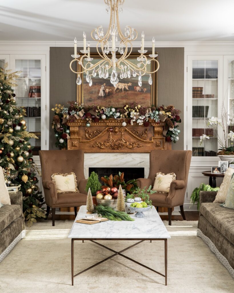 Luxurious holiday living room with Christmas tree and floral decor