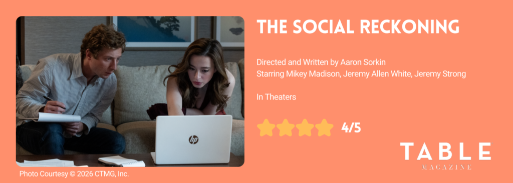 An orange rating card for The Social Reckoning with a photo of Jeremy and Mikey together on a couch. The rating is 4/5 stars.