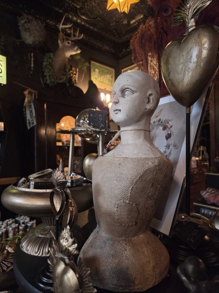 Goth shop decor: mannequin bust, taxidermy deer, and antique heart in Pittsburgh