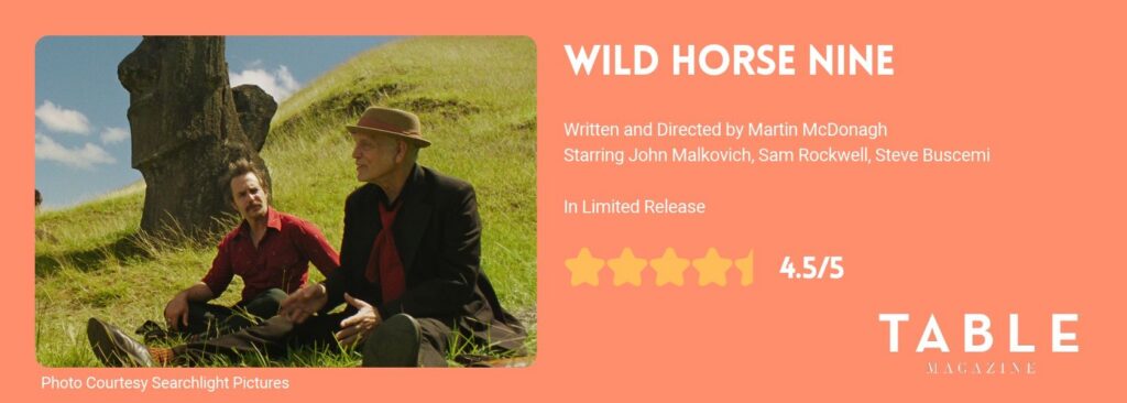 An orange banner rating card for the movie Wild Horse Nine with a picture of John Malkovich, Sam Rockwell sitting on a grassy hill.